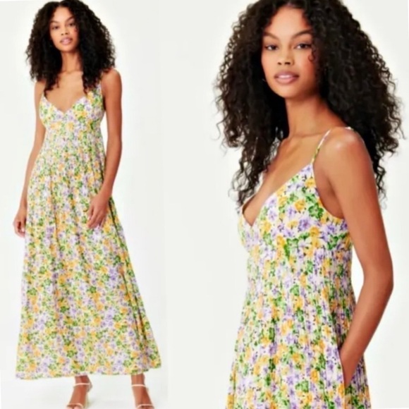 Nicholas Susan Pleated Floral Print A-Line Sleeveless Linen Maxi Cocktail Dress - Picture 5 of 15